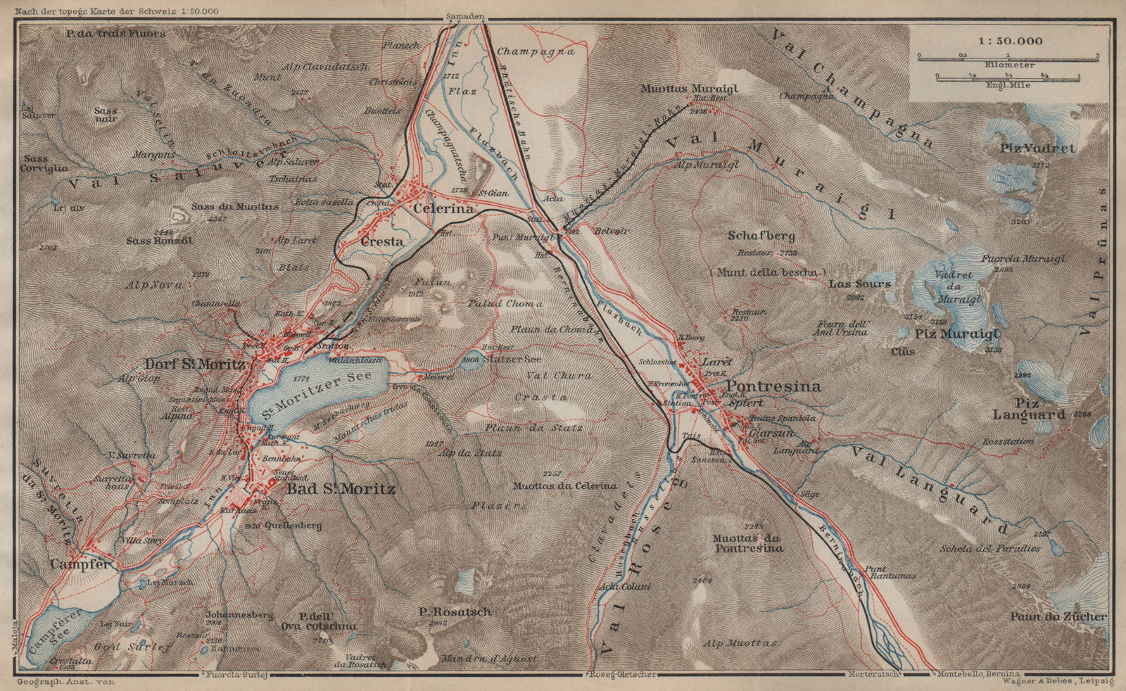 ST MORITZ & PONTRESINA. Celerina Cresta Piz Vadret/Muraigl/Languard 1920 map